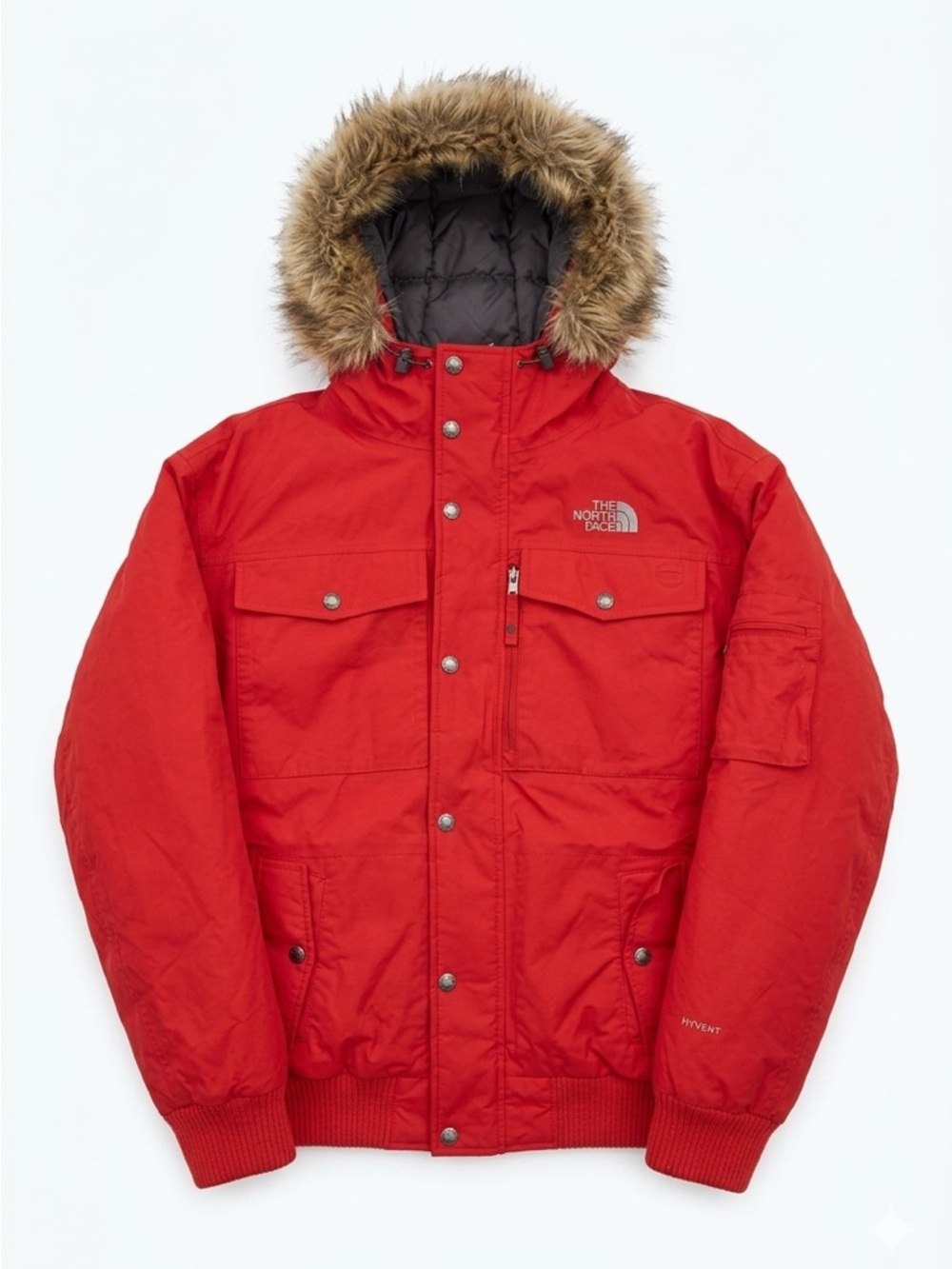 The North Face Gotham II Men XL Red Hooded Insulated Jacket Coat Faux-Fur Trim